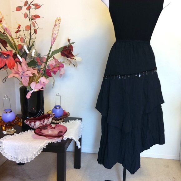 NWT Women Black 2-Layers of Tiered Lined Elastic High Waist Asymmetrical Skirt - Picture 7 of 16